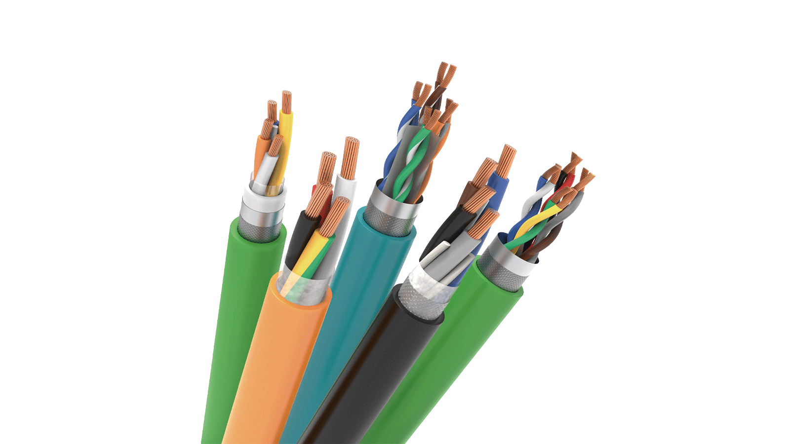 Close-up of HULK high-flex shielded cables fanned out to reveal internal construction: stranded copper conductors, color-coded insulation, braided metallic shielding, and durable outer jackets — engineered for millions of bending cycles in servo drives and drag chain systems while maintaining signal integrity and EMI protection.