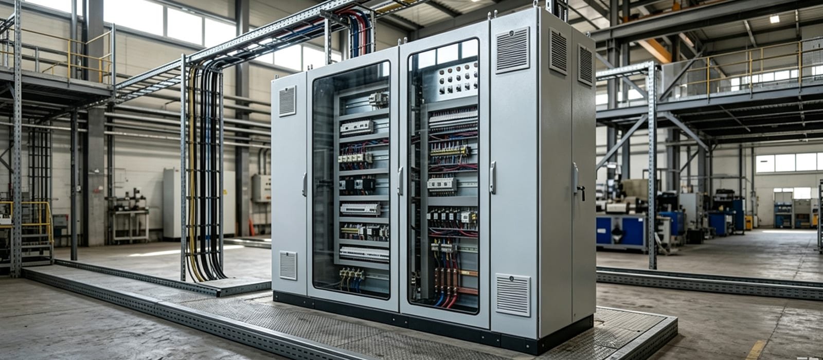 HULK power and control cables integrated into a large electrical control cabinet within a modern European-style industrial facility, demonstrating compliant wiring solutions for automated manufacturing systems.