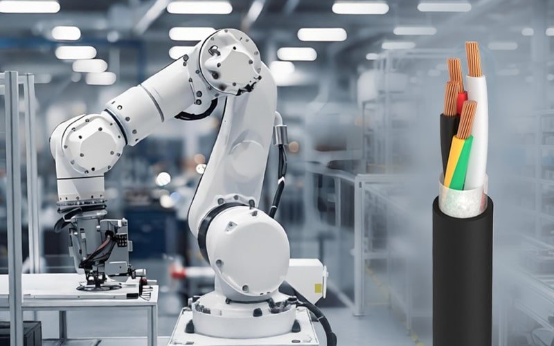 HULK high-flex cable with visible multi-core internal structure (red, yellow, green, black conductors) alongside a white industrial robot in a smart factory, symbolizing reliable power and data transmission for automated manufacturing systems.