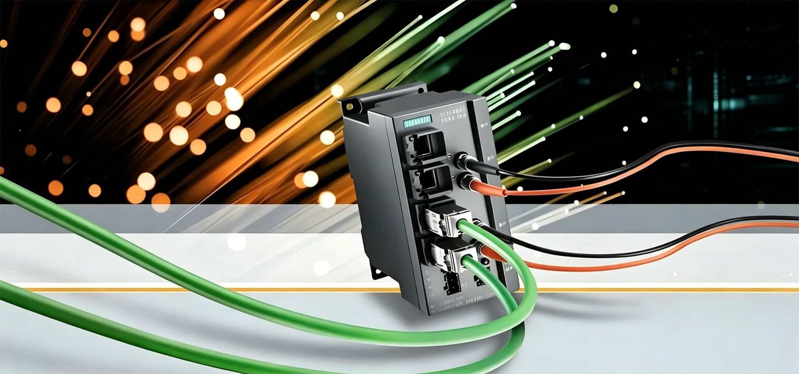 HULK industrial Ethernet switch with multiple RJ45 and fiber optic ports, connected by green and orange data cables against a dynamic light-streak background symbolizing high-speed data transmission — engineered for reliable, low-latency communication in automation networks and IIoT systems.