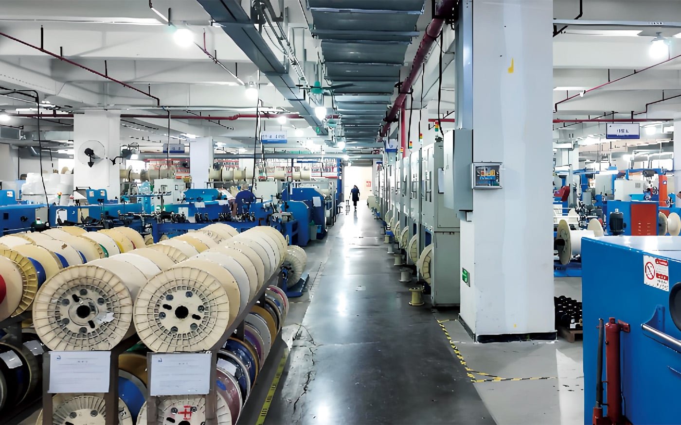 HULK cable manufacturing facility with organized production lines, large spools of finished cable, and automated machinery, demonstrating industrial-scale capacity and quality control for global supply.