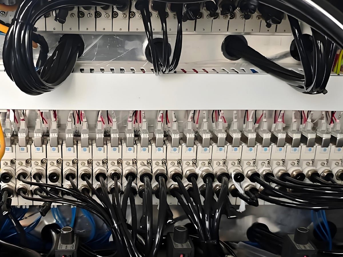 Numerous over-molded HULK M12 sensor cable assemblies plugged into fieldbus terminal blocks inside industrial automation control cabinet, dense signal wiring for sensors and actuators