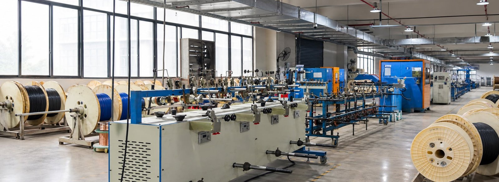 HULK modern cable manufacturing facility featuring automated stranding and extrusion lines; large spools of finished black and blue cables are staged for delivery, demonstrating high-capacity production, lean manufacturing processes, and strict quality control in a spacious industrial environment.