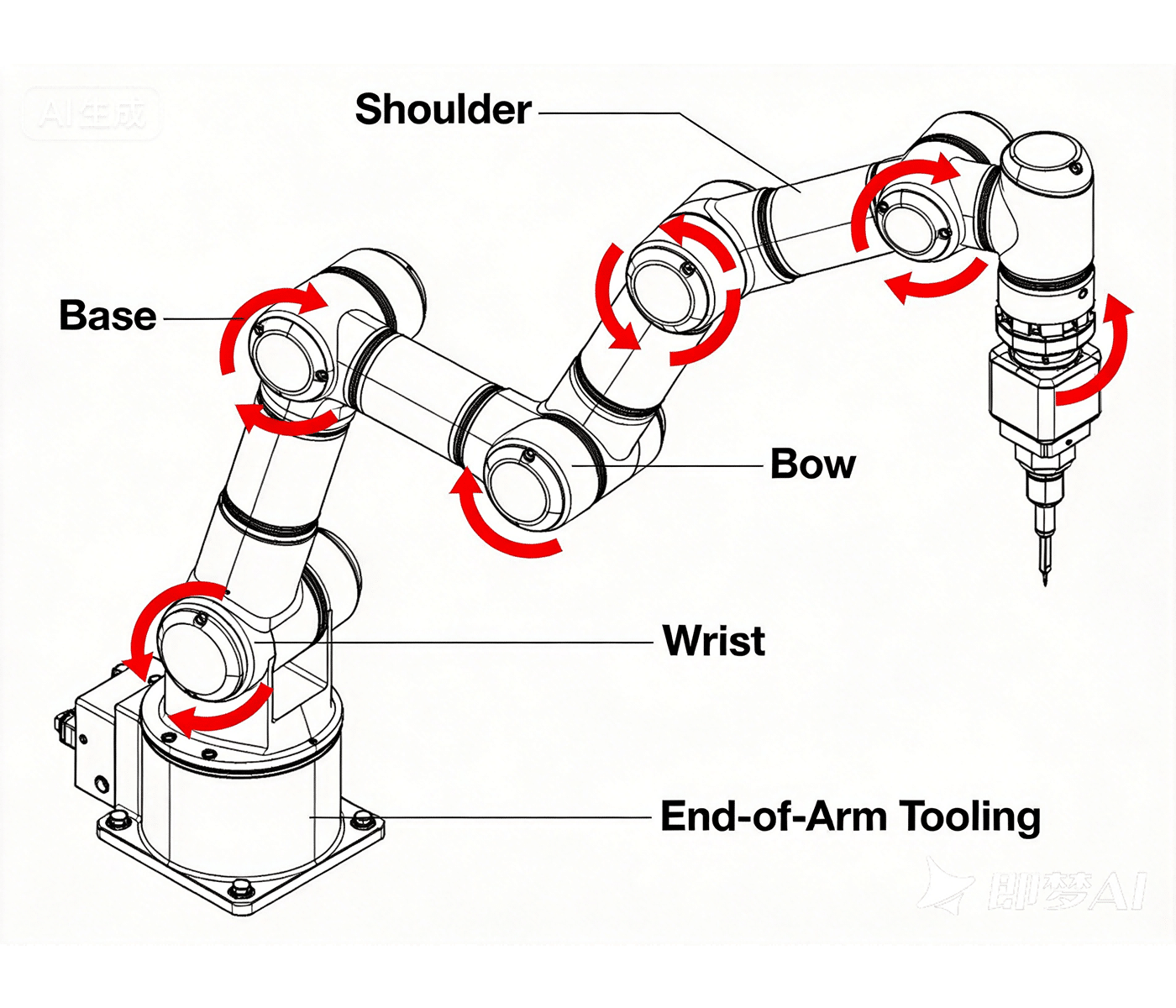 A technical line diagram of a 6-axis industrial robot illustrating key movement points: Base, Shoulder, Bow, Wrist, and End-of-Arm Tooling; red arrows indicate multi-directional rotation ranges, representing the complex torsional and bending stresses that HULK high-flex cables are engineered to withstand across every joint.