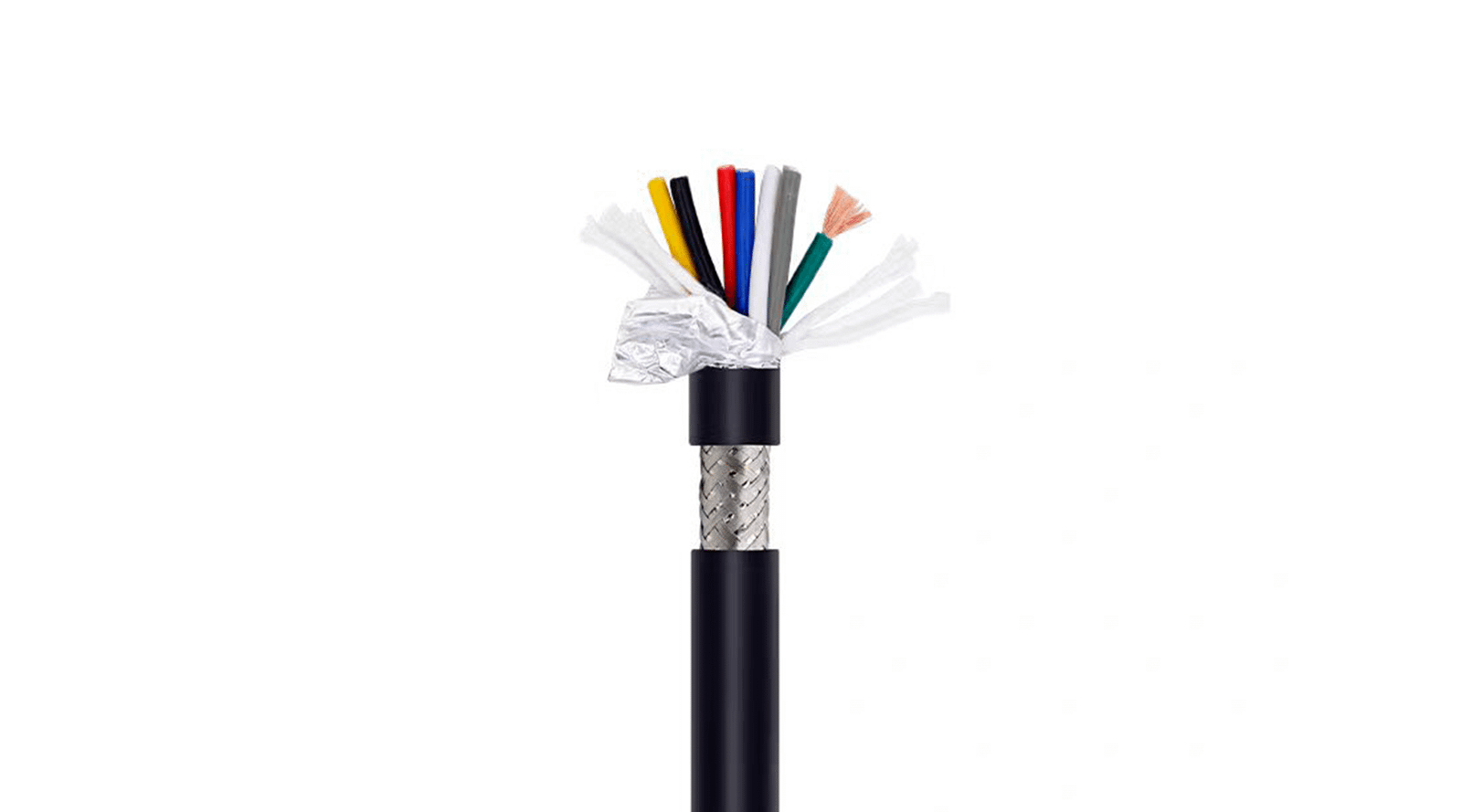 A close-up cross-section of a HULK high-flex multi-core shielded cable, revealing its layered internal structure: color-coded insulated conductors for signal/power separation, braided metallic shielding for EMI protection, aluminum foil + filler for enhanced integrity, and a durable black outer jacket — engineered for reliable performance in noisy industrial environments.