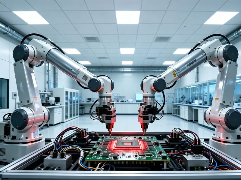 HULK ultra-flexible, high-integrity cables integrated into collaborative robots performing micro-assembly on a semiconductor PCB in a cleanroom; cables enable precise signal transmission for vision systems and motion control in compact spaces, ensuring zero-latency response for high-yield electronics manufacturing.