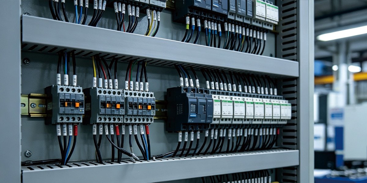 Neatly organized HULK control cables inside an electrical cabinet, featuring standardized wire markers and routing, highlighting superior installation quality and ease of maintenance for complex automation systems.