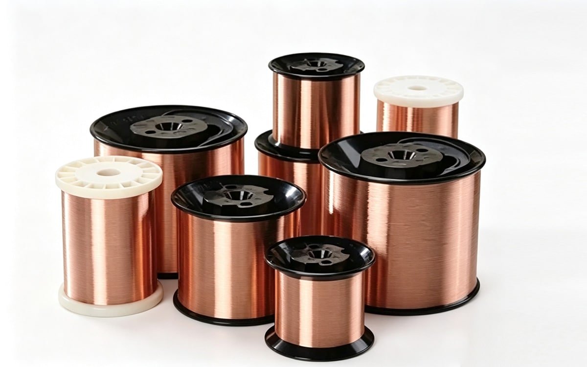 Array of HULK high-purity enameled copper wire spools in various sizes with black and white plastic bobbins, showcasing tightly wound reddish-copper conductors — representing the foundational material quality and precision winding technology used in manufacturing high-efficiency motors and transformers.
