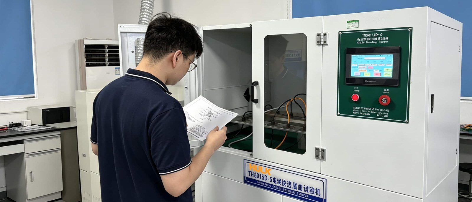 HULK technician monitoring a TH8015D-6 rapid bending test machine; evaluating cable fatigue resistance under high-frequency, high-angle flexing to ensure reliability in dynamic automation applications like drag chains and robotic arms.