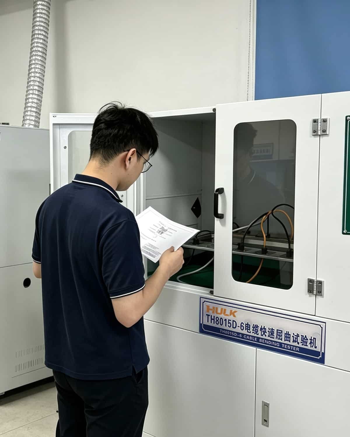 HULK engineer verifying test protocol for TH8015D-6 rapid cable bending tester, evaluating multi-core cable resilience under high-speed, small-radius flexing for precision automation systems.