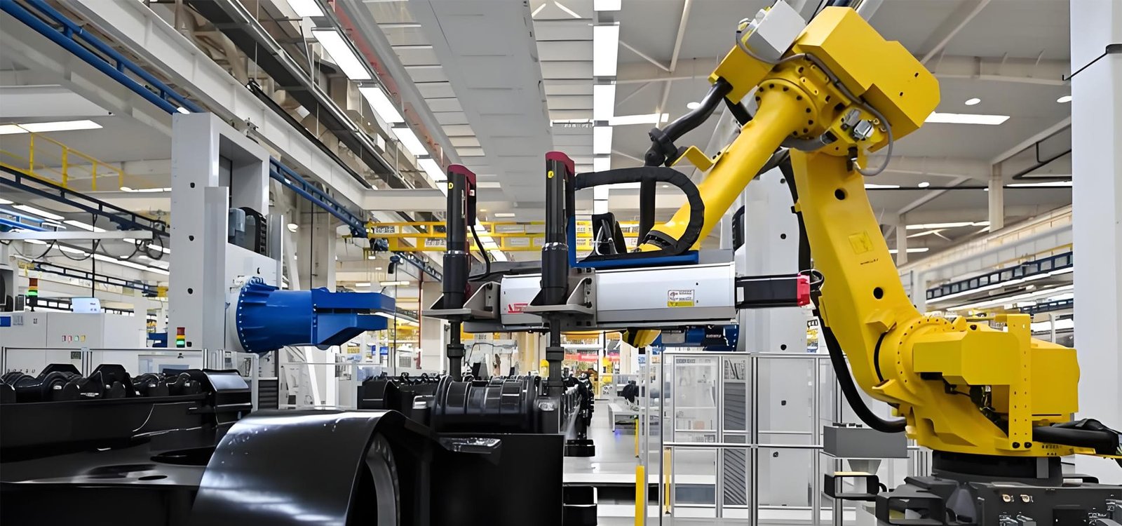 HULK high-flex cables integrated into a yellow industrial robot arm on a smart manufacturing assembly line, engineered for continuous motion, vibration resistance, and reliable power/data transmission in heavy-duty automation environments.