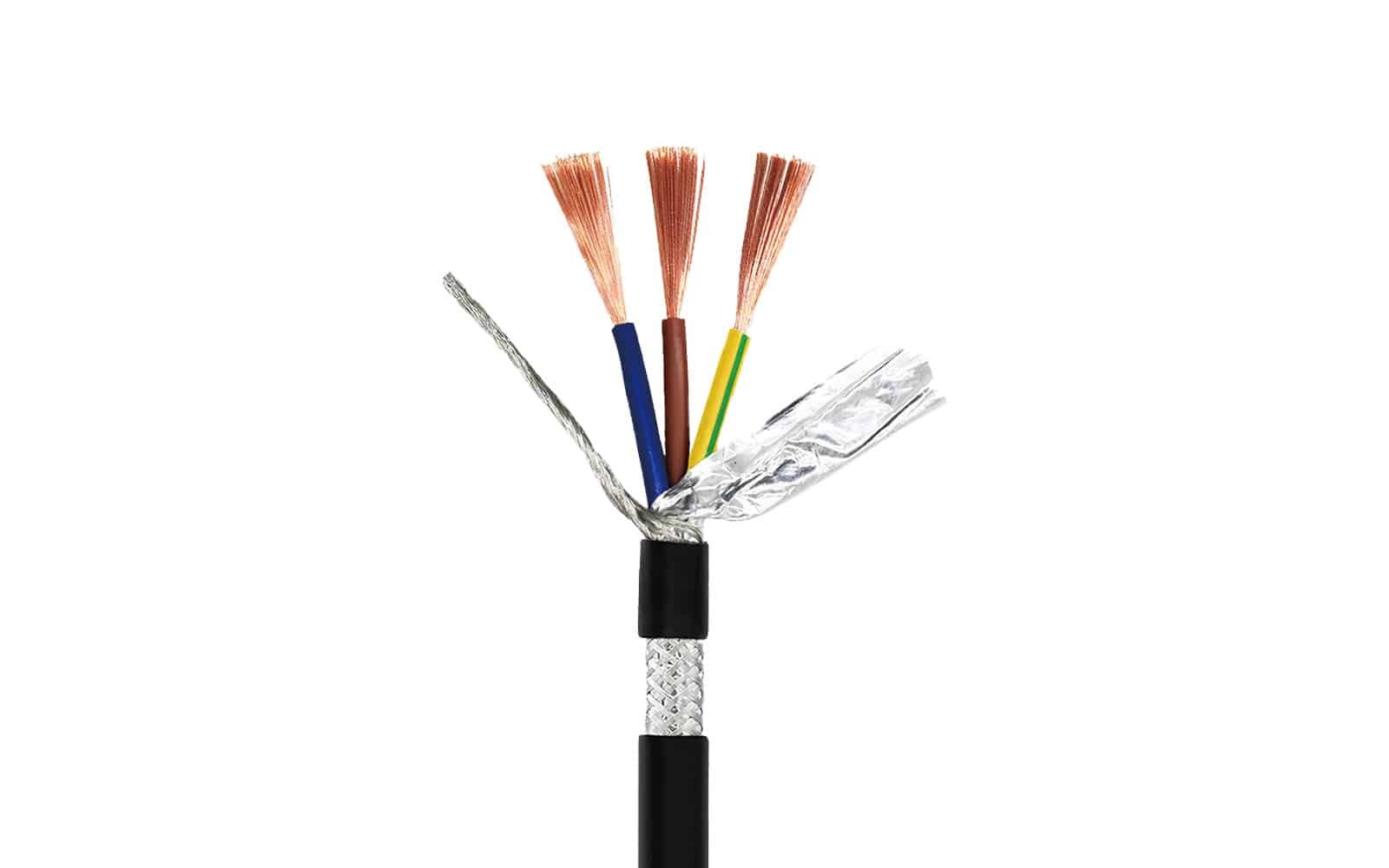 A cross-sectional view of a HULK shielded cable showing multi-strand copper conductors with color-coded insulation (blue, brown, yellow-green), surrounded by aluminum foil and braided metallic shielding layers; this dual-shield design ensures superior EMI/RFI rejection and signal integrity in high-noise industrial environments.