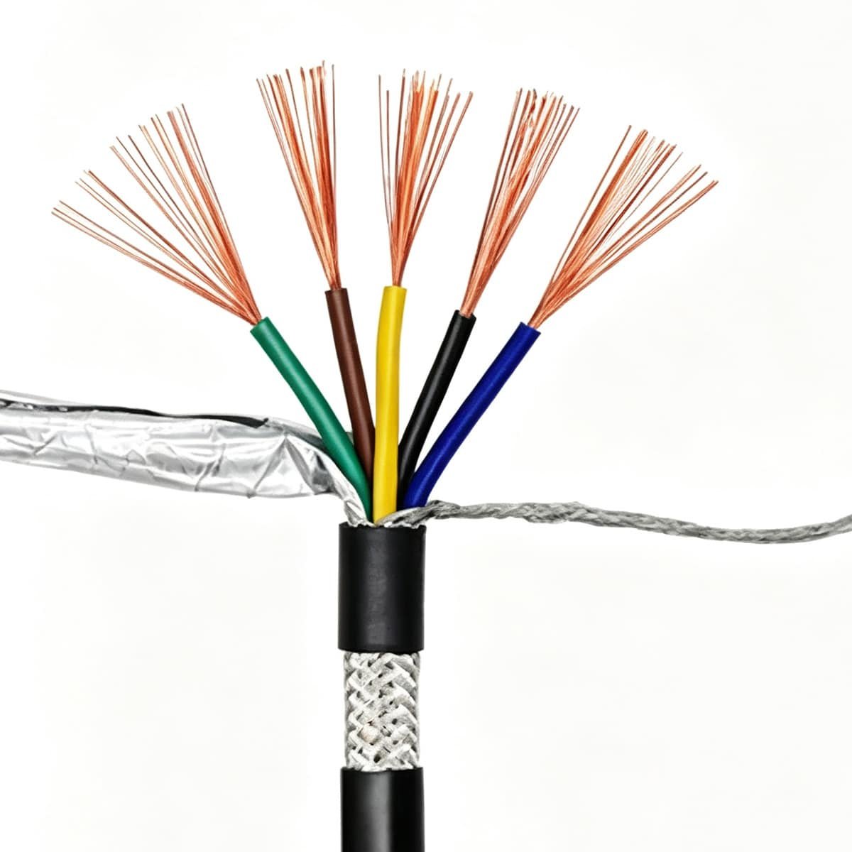 Cross-section of HULK shielded control cable showing five color-coded insulated conductors (green, brown, yellow, black, blue) with stranded copper cores, wrapped in aluminum foil and braided copper shielding beneath a black PVC jacket — engineered for high EMI resistance and reliable signal integrity in industrial automation and instrumentation applications