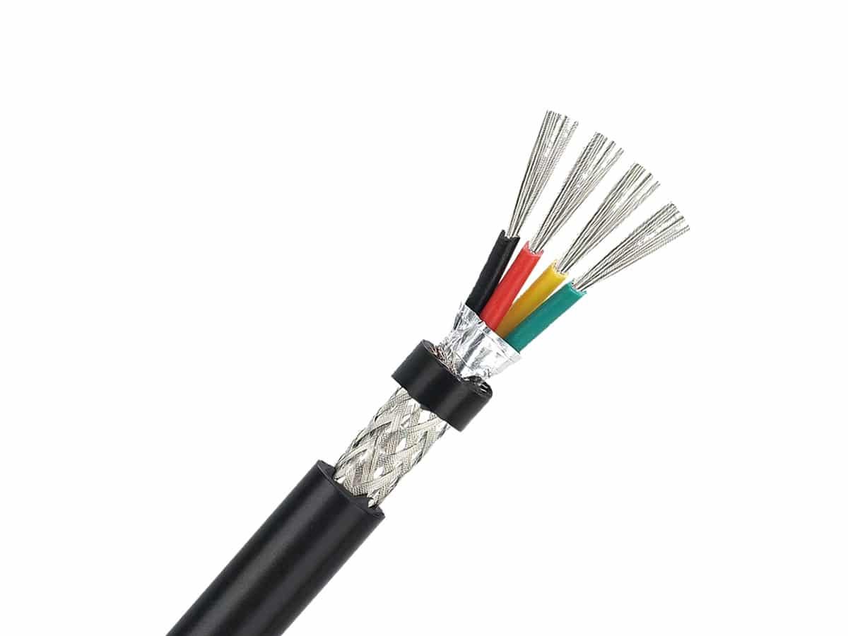 HULK shielded control cable engineering cutaway photography, clear display of tinned copper conductor, insulation, core arrangement, fillers, wrapping tape, composite shielding and outer jacket, industrial control wire cross‑section dissection sample, white background high‑quality product shot