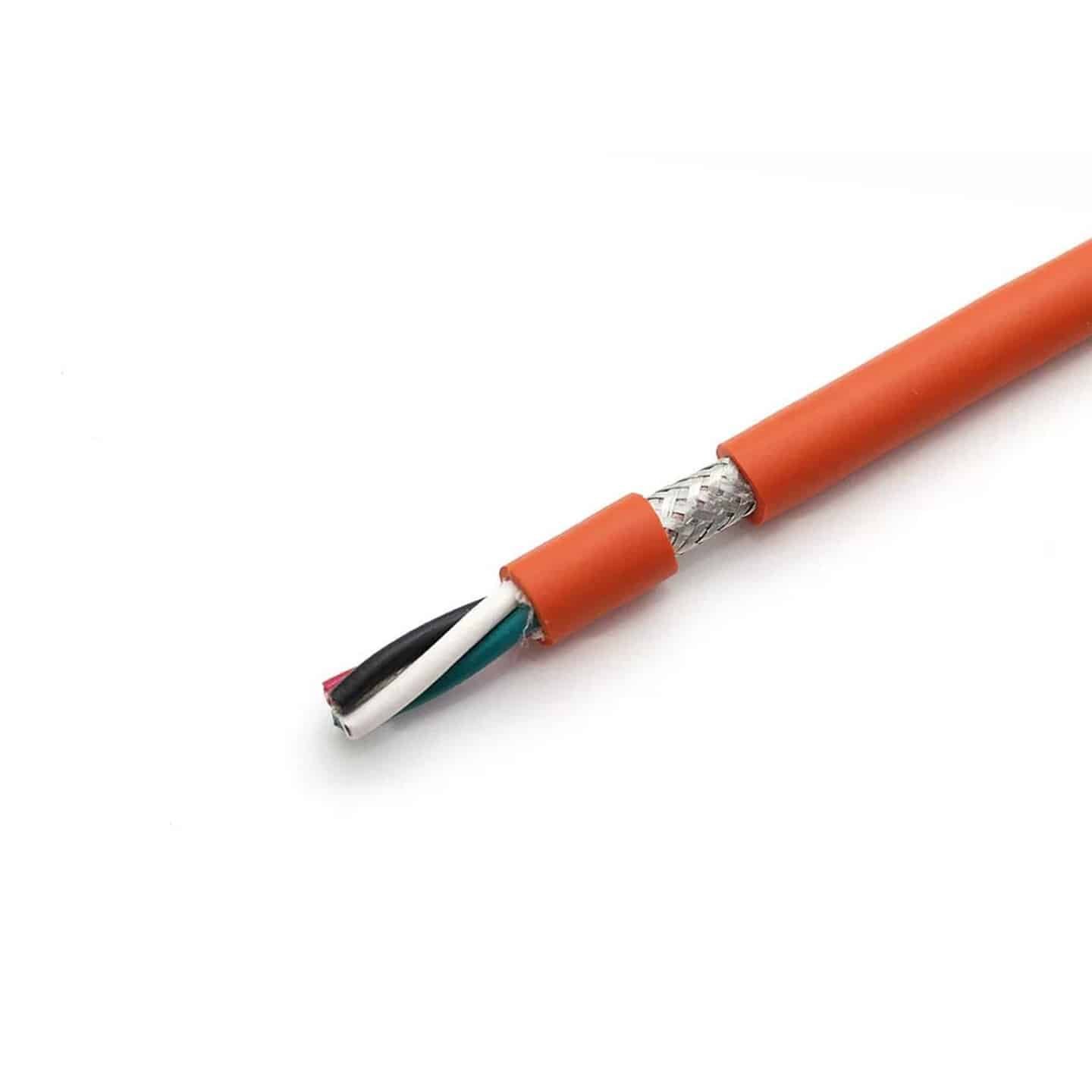 HULK high-flex shielded servo cable cross-section showing multi-colored insulated conductors twisted in pairs, surrounded by a dense braided metallic shield and orange PUR outer jacket; engineered for EMI immunity and signal integrity in dynamic automation systems like CNC machines and robotic arms.
