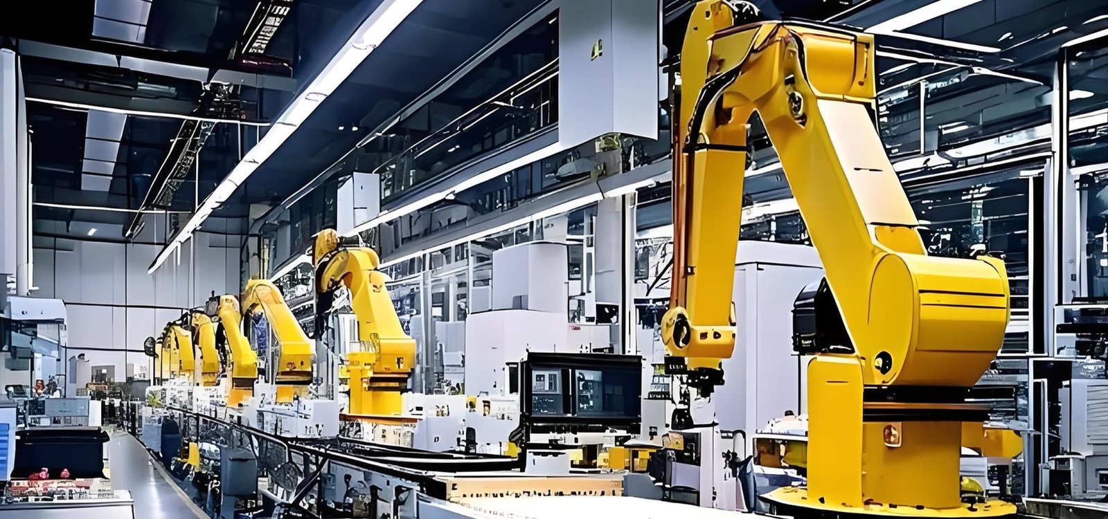 HULK's smart factory featuring a row of yellow industrial robots performing automated assembly tasks in a clean, high-tech production environment, showcasing advanced manufacturing capabilities and precision engineering.