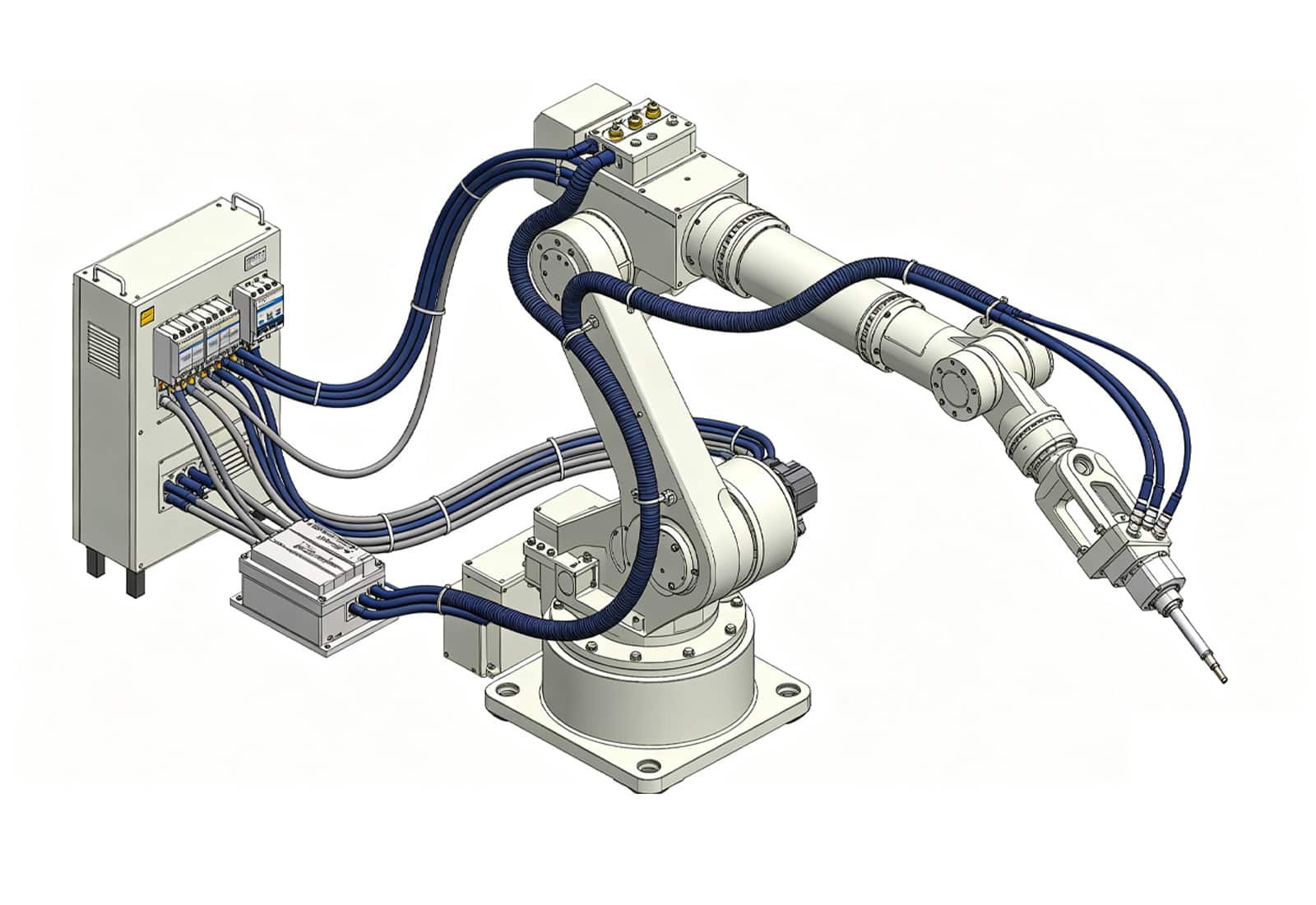 3D rendering of an industrial robot system featuring HULK cables routed from the control cabinet to the arm joints, demonstrating organized cable management, protective corrugated conduits, and standardized integration for automation engineering.