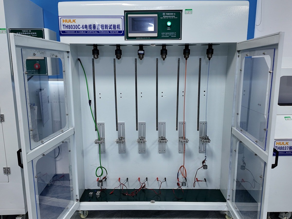 HULK TH8030C-6 Cable Vertical Torsion Tester with six independent test stations, each equipped with vertical guides, clamps, and colored test cables, demonstrating synchronized fatigue testing for quality assurance.