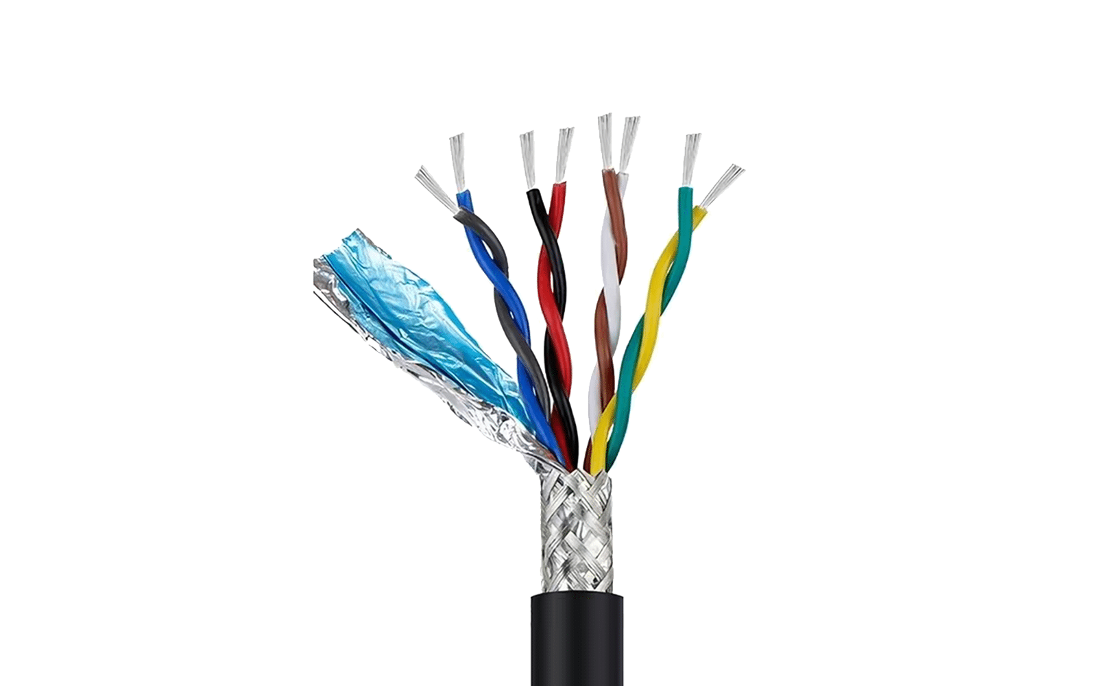 A detailed cross-section of a HULK high-flex multi-core cable, showcasing its triple-shield architecture: color-coded twisted pairs for noise cancellation, aluminum foil for 100% coverage EMI blocking, and braided metallic shield for mechanical durability — engineered for mission-critical signal transmission in industrial automation and robotics.