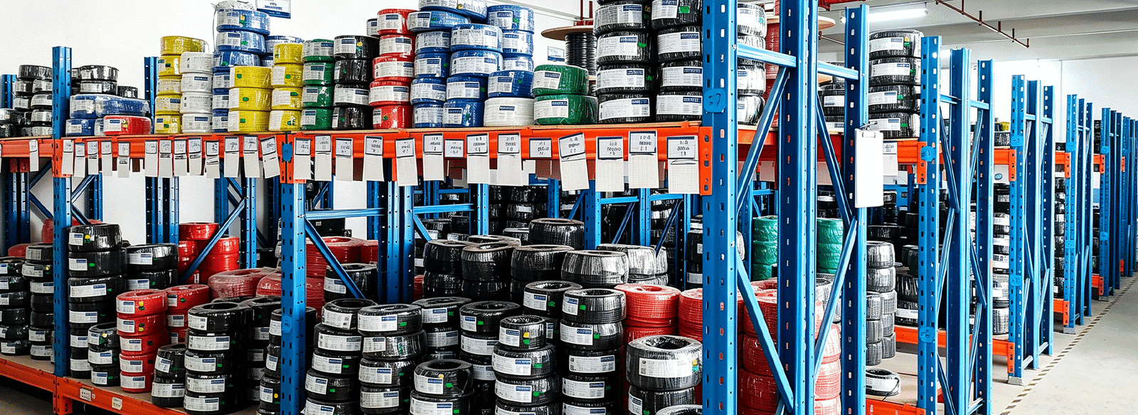 A wide-angle view of the HULK warehouse facility, featuring rows of blue heavy-duty racks stocked with diverse cable rolls in red, yellow, blue, and black; visible inventory tags hanging from shelf beams indicate a systematic storage management system designed for efficient order fulfillment and rapid global delivery.