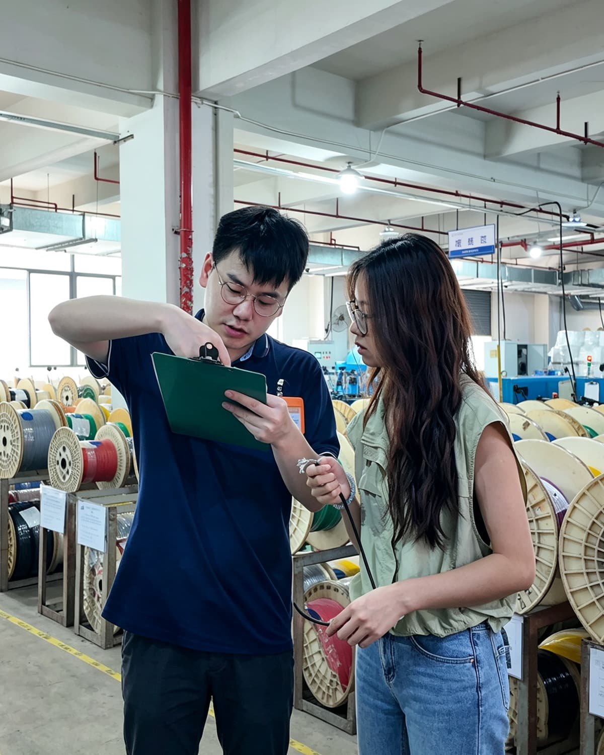 HULK staff conducting final quality inspection with a client representative in the warehouse, verifying cable specifications against order records amidst stacked cable reels before shipment.