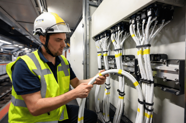 Realistic industrial image of bundled halogen-free cables mounted in a rail transit tunnel, showing durable construction and integration with signaling and ventilation systems for mass transit fire protection