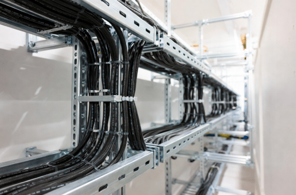 Professional view of bundled black low-smoke zero halogen LSZH cables neatly routed in cable trays within a modern hygienic safety-critical installation such as hospital or data center control room, highlighting clean industrial engineering setup