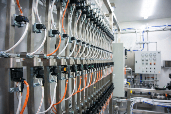 Professional view of halogen-free LSZH cables installed in cable trays within a clean, well-lit industrial automation facility, highlighting fire safety compliance and organized wiring for modern plants and infrastructure
