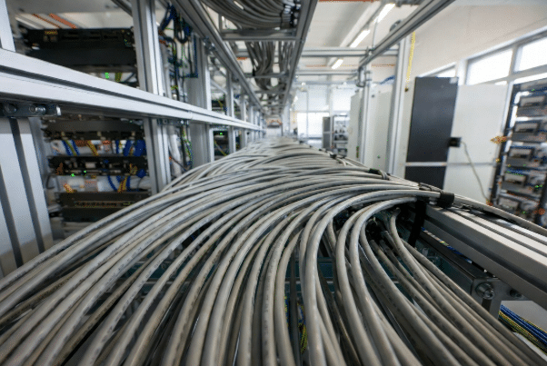 Professional view of dense halogen-free LSZH jacketed industrial Ethernet cables installed in cable trays within a modern factory control room, highlighting safety and organization for communication systems