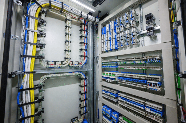 Side-by-side view of halogen-free LSZH cables and traditional PVC cables installed in an automated machine control panel and drag chain, highlighting flexibility and routing differences in industrial automation environment