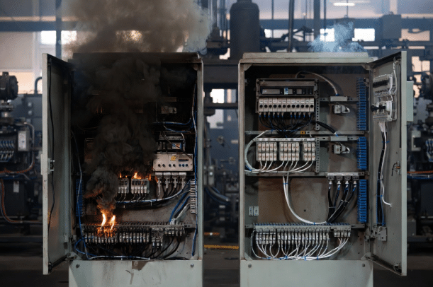 Side-by-side view of control cabinet fire effects: minimal smoke with halogen-free LSZH cables versus heavy corrosive smoke from PVC cables, highlighting safety advantages in industrial environments