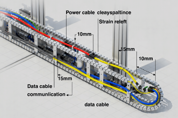 Close-up technical view of finely stranded conductors, special core lay, and abrasion-resistant jacket in a continuous flex drag chain cable designed for energy chains and cable carriers