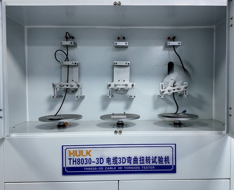 Hulk Cable TH8030-3D Cable 3D Torsion Tester conducting high-frequency bending and twisting durability tests on flexible industrial cables, simulating complex robot motion to verify mechanical lifespan and structural integrity