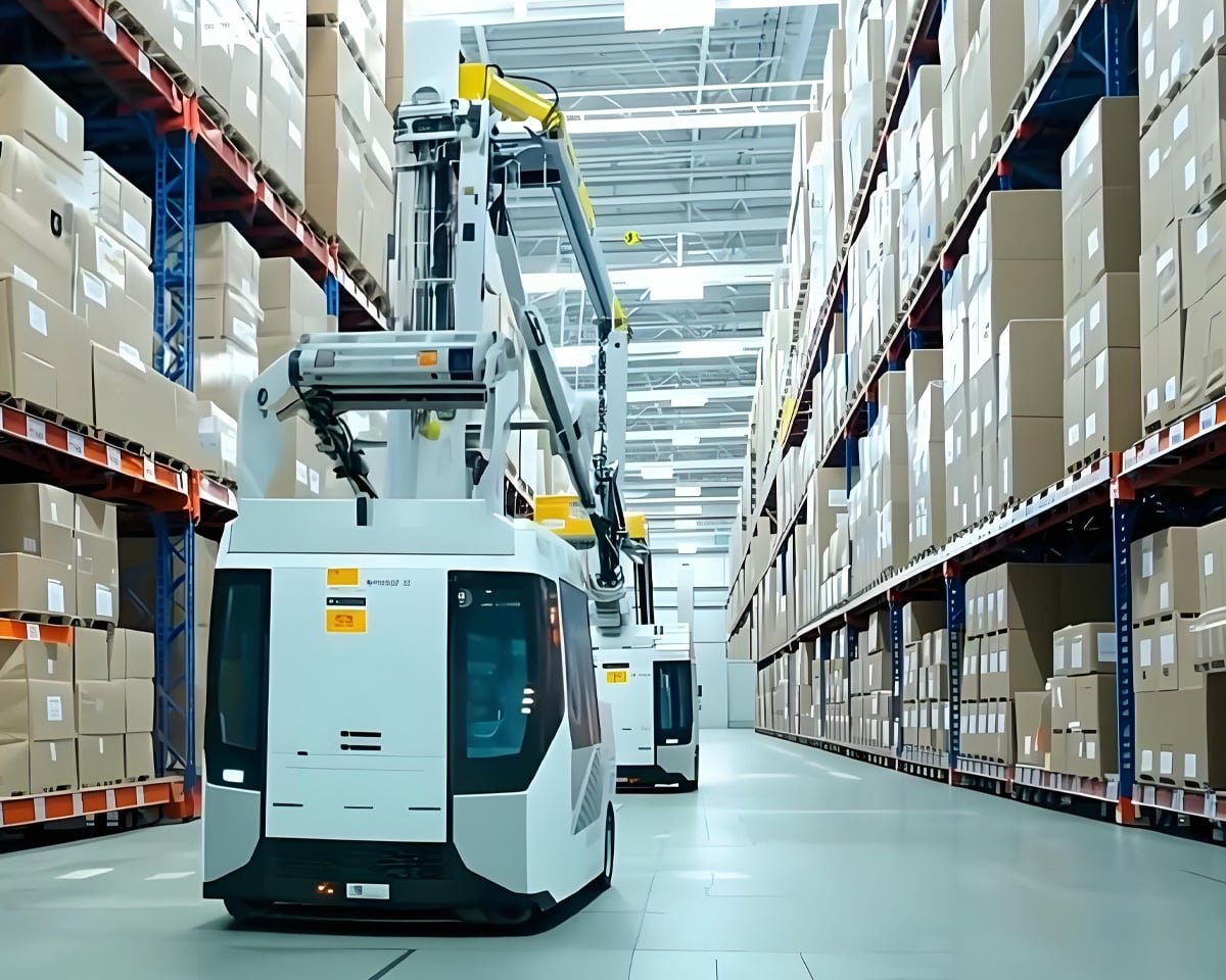 Hulk Cable flexible integrated cabling solution for automated storage and retrieval system (AS/RS) AGV, featuring black high-flex cables routed along robot body and lifting mechanism for stable power and signal transmission during high-frequency vertical and horizontal movement in dense rack environments