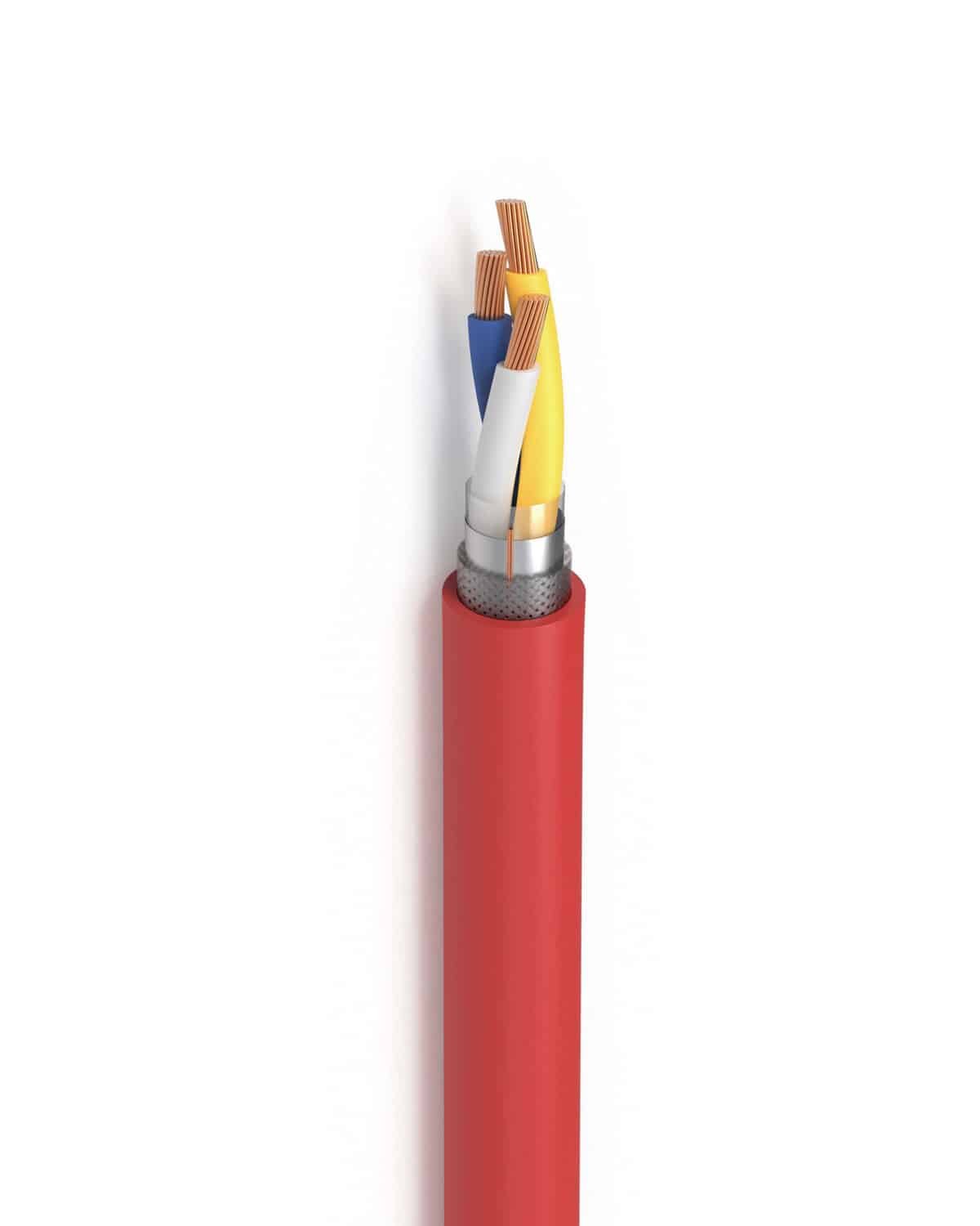 Hulk Cable CC-Link industrial bus cable cross-section with red jacket, blue-yellow twisted pair for differential signaling, white auxiliary core, and dual-layer aluminum foil + braided shielding for EMI-resistant communication in drag chain & robotic applications