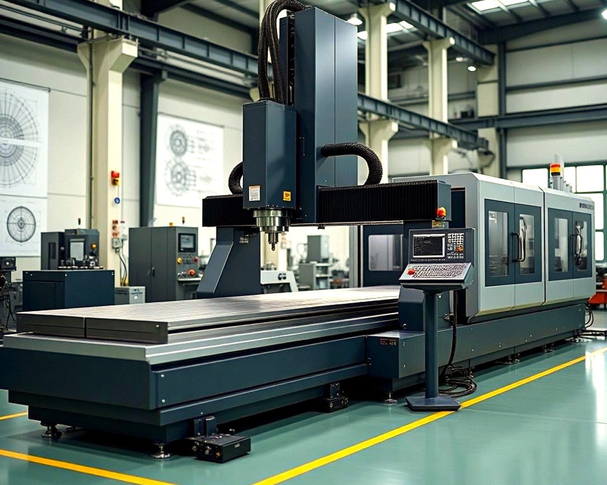 Hulk Cable heavy-duty power and signal cabling solution for large CNC machining center, featuring black corrugated conduit-protected cables routed along machine structure for stable transmission in high-load, high-vibration, oil-contaminated environments
