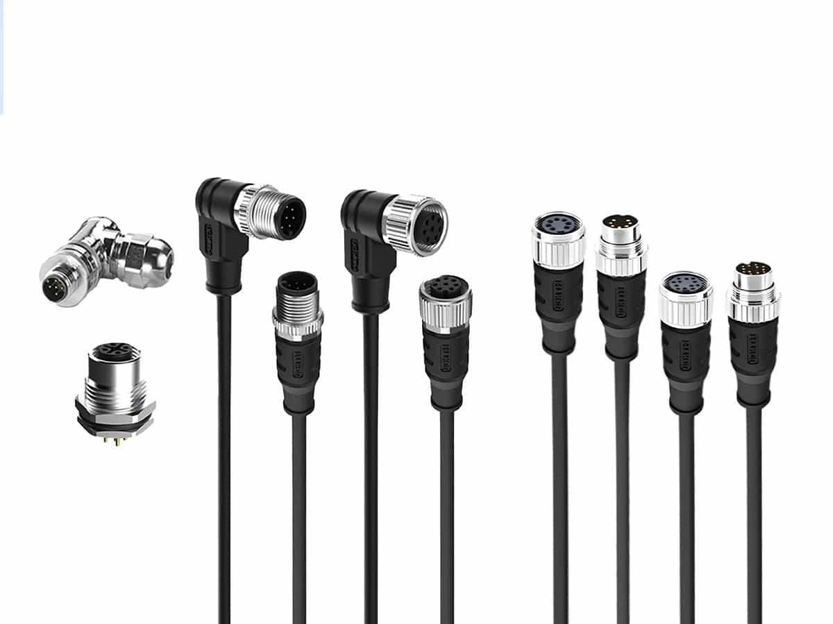 Hulk Cable full-range industrial circular connectors including M5/M12/M16 sizes, T-splitter, right-angle and straight plugs, panel-mount sockets with threaded locking for IP67/IP68-rated sensor and actuator integration in automation systems