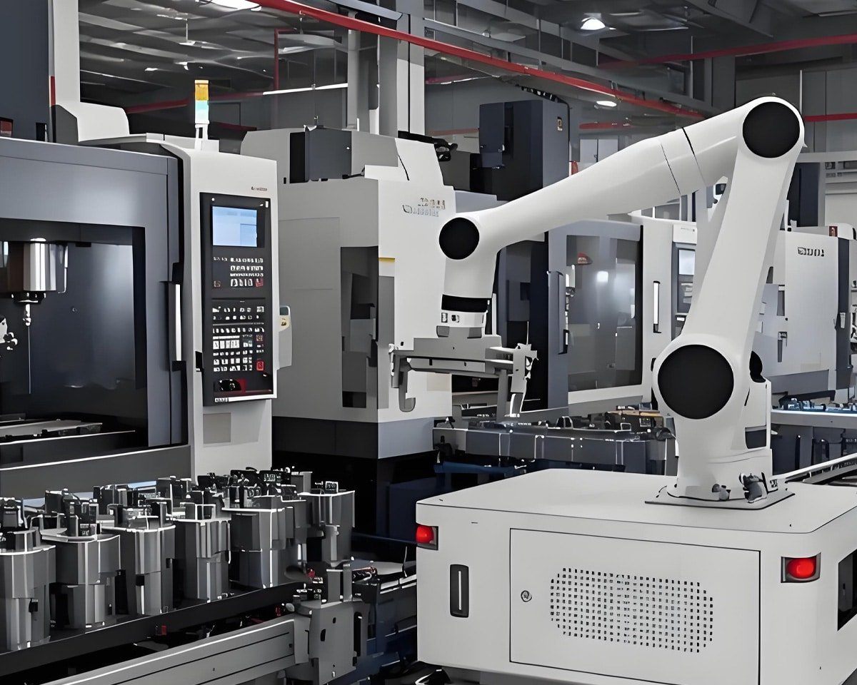 Hulk Cable flexible integrated cabling solution for composite robot CNC loading/unloading line, featuring black high-flex cables routed along robot body and mobile base for stable power and signal transmission during cross-station autonomous operation