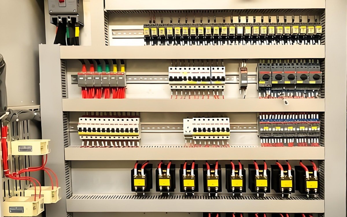 Hulk Cable standardized cabling solution for industrial electrical control cabinet, featuring multi-colored insulated cables routed along DIN rails and terminal blocks for stable power and signal transmission in high-current, high-interference environments