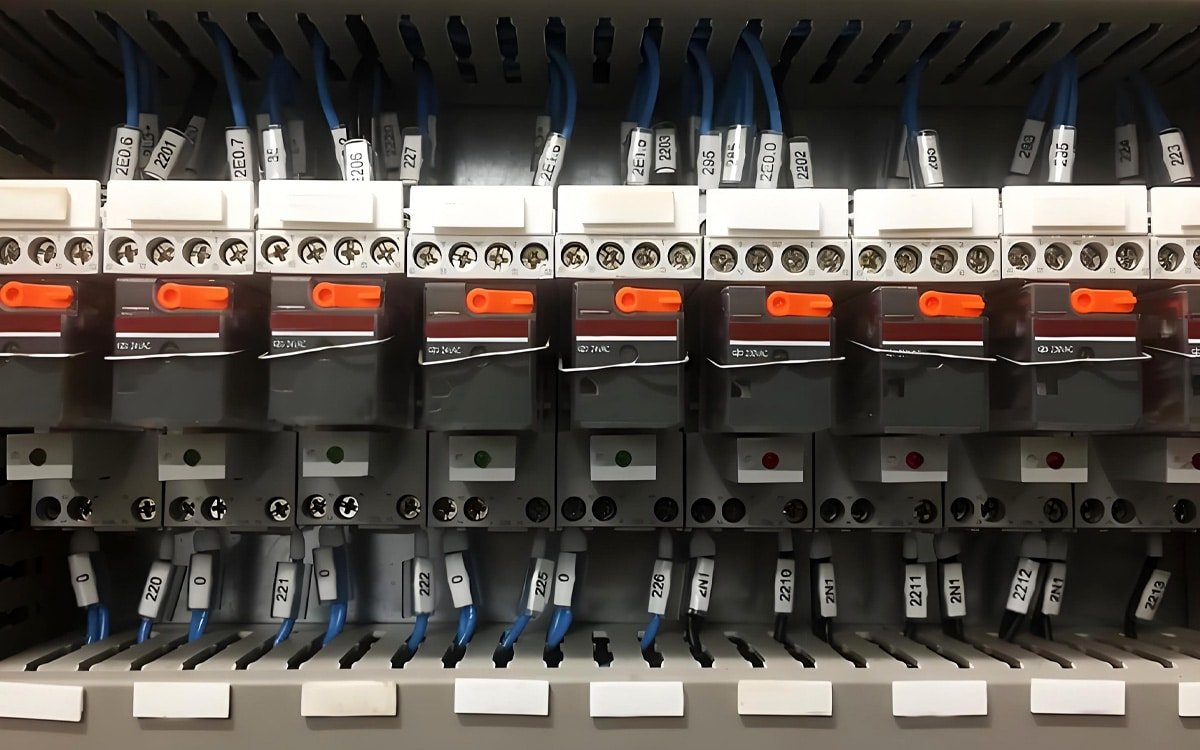 Hulk Cable standardized cabling solution for industrial electrical control cabinet relay modules, featuring blue insulated cables routed along DIN rails and terminal blocks for stable power and signal transmission in high-current, high-interference environments