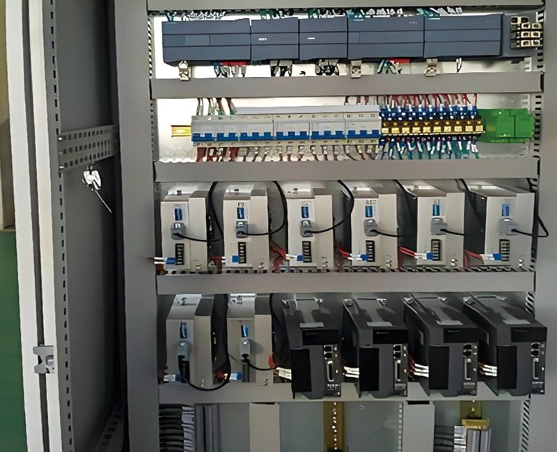 Hulk Cable high-density wiring in multi-axis servo drive control cabinet with shielded power and signal cables routed through cable trays for EMI suppression and easy maintenance in precision motion control systems