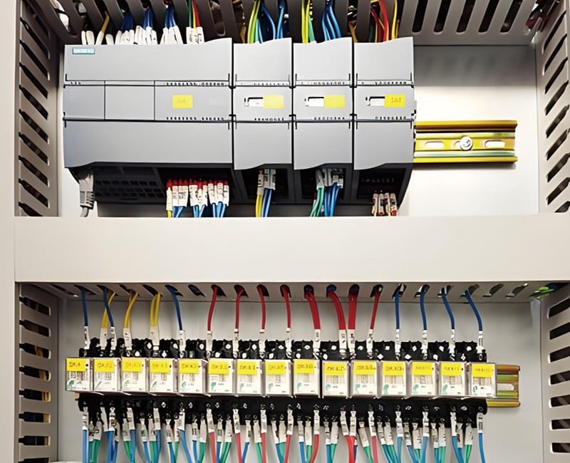 Hulk Cable high-density wiring in industrial control cabinet with shielded control cables connecting Siemens S7-300 PLCs and relay modules, routed through cable trays for EMI suppression and easy maintenance in automation systems