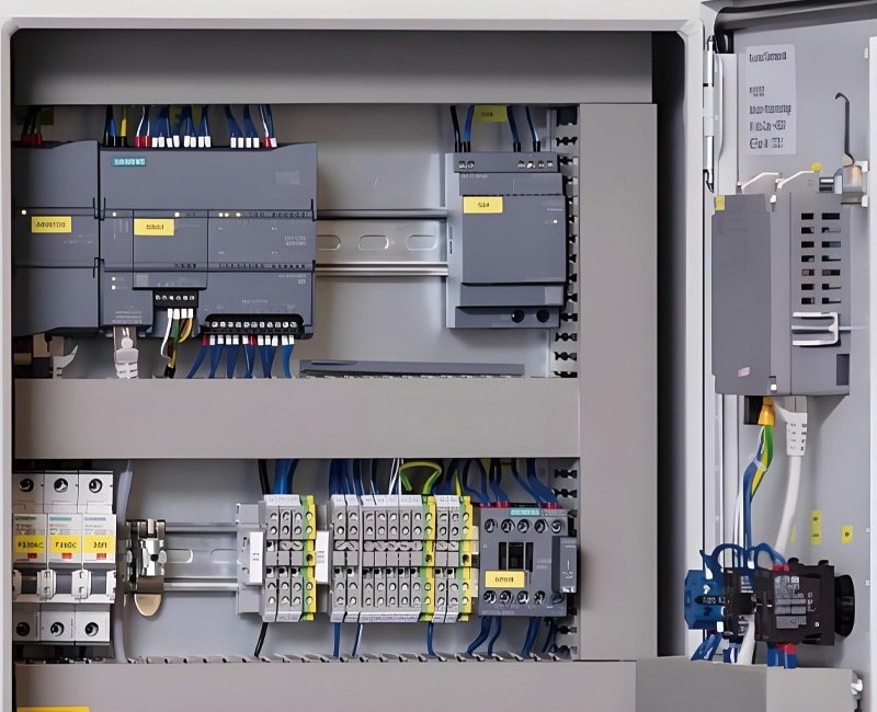 Hulk Cable high-density wiring in Siemens S7-1200 PLC control cabinet with shielded control cables routed through cable trays for EMI suppression and easy maintenance in industrial automation systems