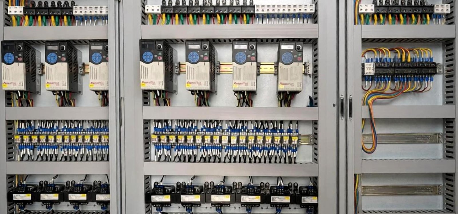 Hulk Cable high-density wiring in industrial control cabinet with shielded power and control cables connecting Allen-Bradley VFDs and relay modules, routed through cable trays for EMI suppression and easy maintenance in automation systems