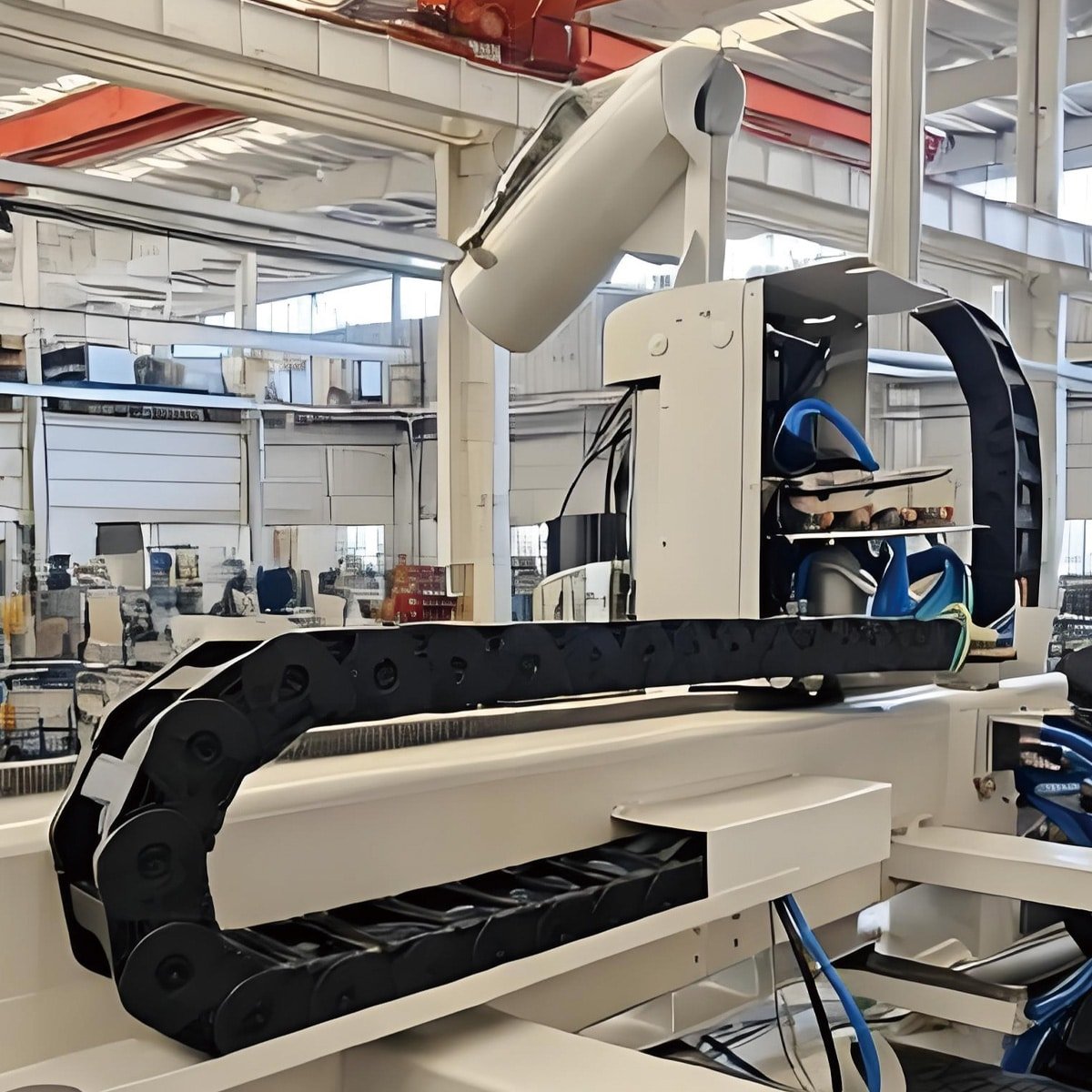Hulk Cable high-flex drag chain cable system installed in industrial robotic arm XYZ axis motion setup, featuring black engineering plastic carrier with neatly routed power and signal cables alongside blue pneumatic tubes, demonstrating durability under millions of bending cycles in real factory environments