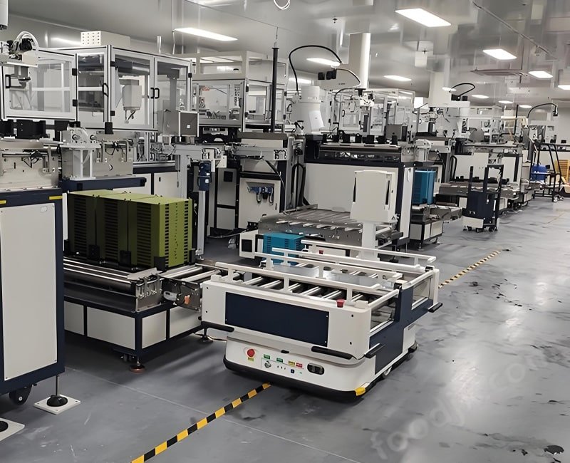 Hulk Cable high-flex drag chain cables connecting AGV robots to control systems in smart factory logistics, designed for continuous motion, EMI suppression, and long service life in dynamic industrial environments