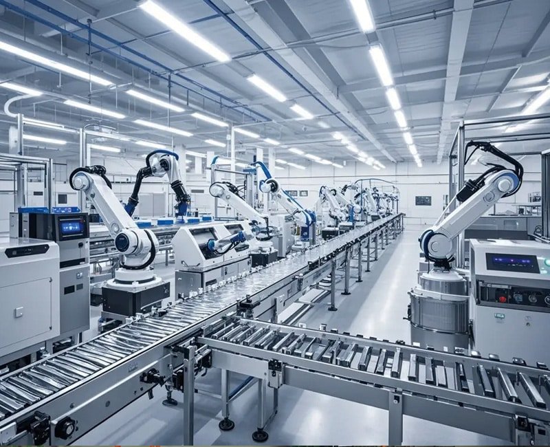 Hulk Cable high-flex drag chain cables connecting multiple collaborative robots to central control systems in smart factory assembly line, designed for continuous motion, EMI suppression, and long service life in high-density automation environments