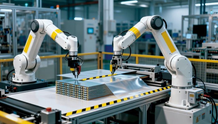 Hulk Cable dual robotic arm collaboration scene showing integrated high-flex shielded cables within white industrial robots handling metal sheets, demonstrating reliable cable performance in multi-machine synchronized automation systems