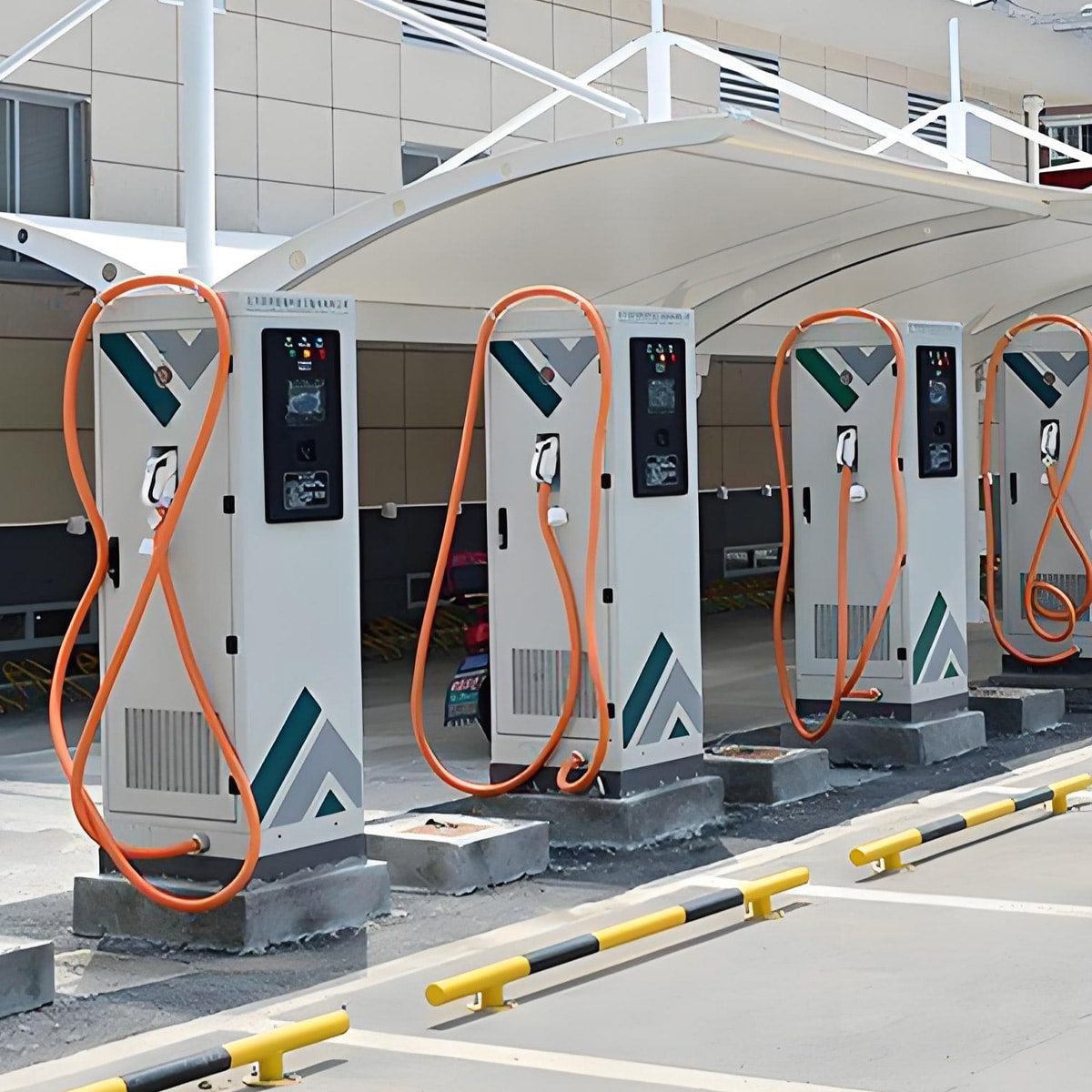 Hulk Cable high-durability orange DC fast charging cables installed on outdoor EV charging stations under canopy, featuring flexible, UV-resistant, flame-retardant sheathing for reliable high-current transmission in all-weather conditions