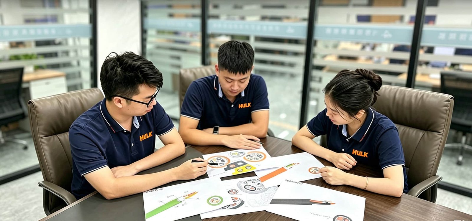 Hulk Cable engineering team discussing custom industrial cable design and technical specifications